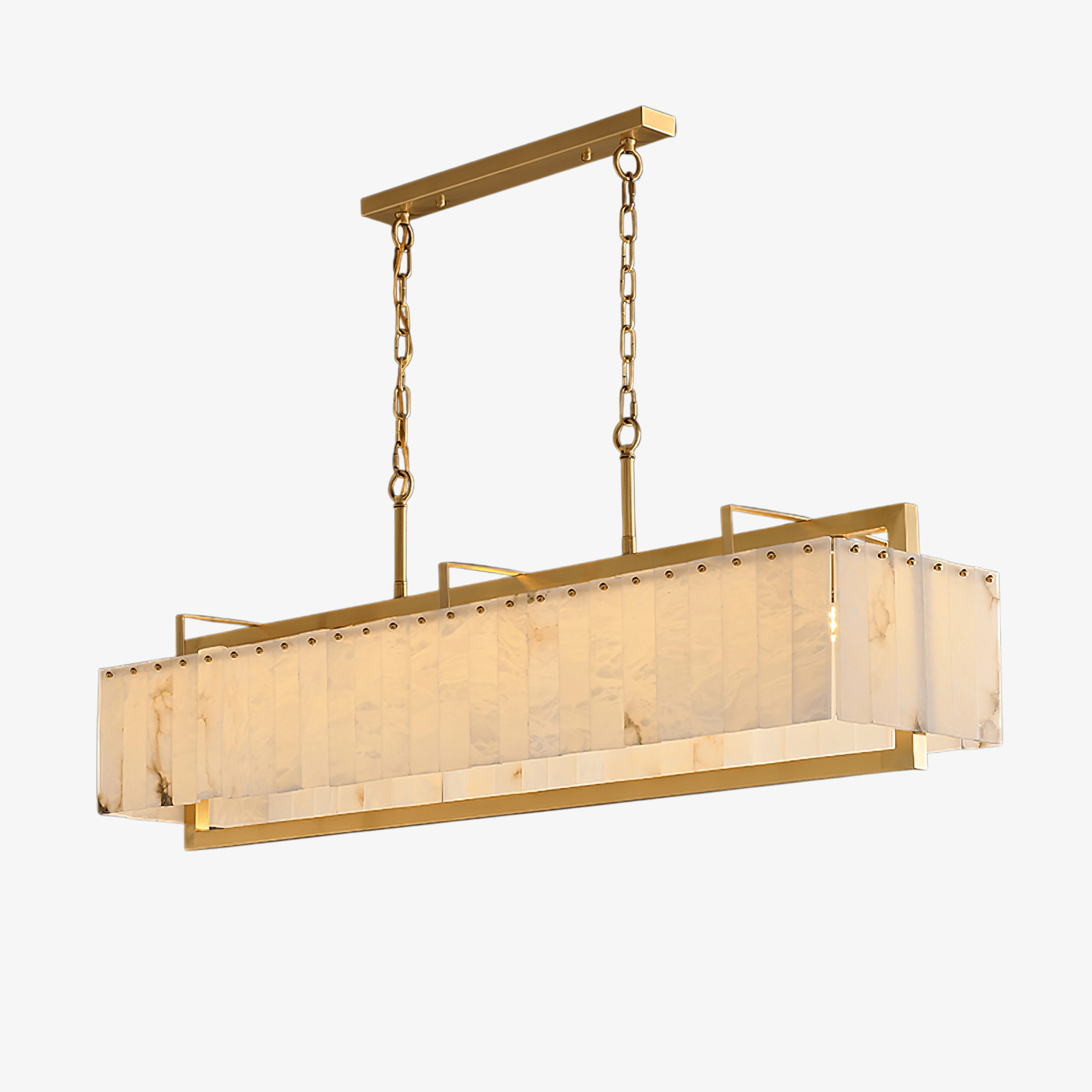 Rectangular alabaster panel chandelier in a brass frame, shown unlit on a white background.