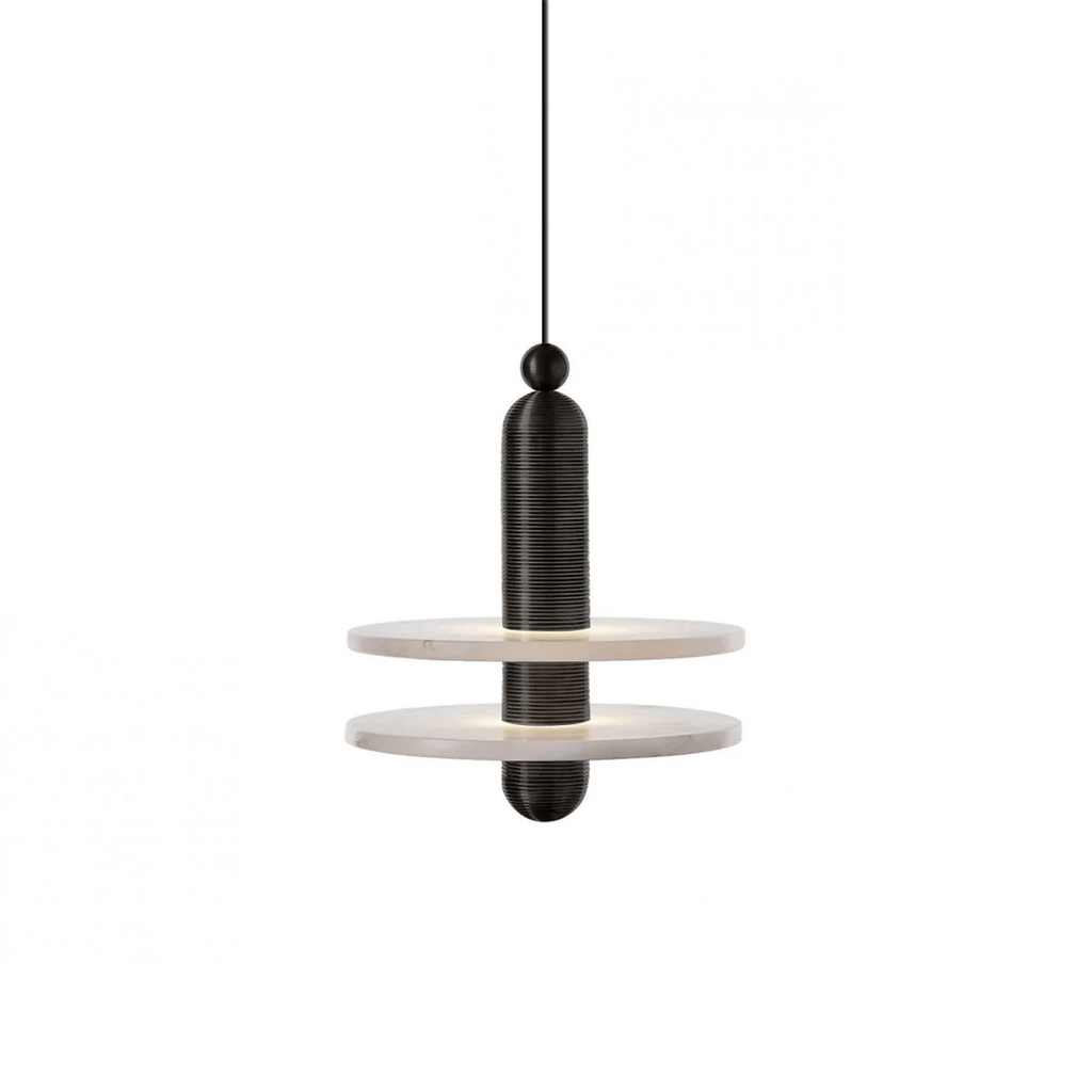 Two-disc Orion pendant in black finish, the pair of alabaster plates glowing softly, studio shot.