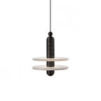 Two-disc Orion pendant in black finish, the pair of alabaster plates glowing softly, studio shot.