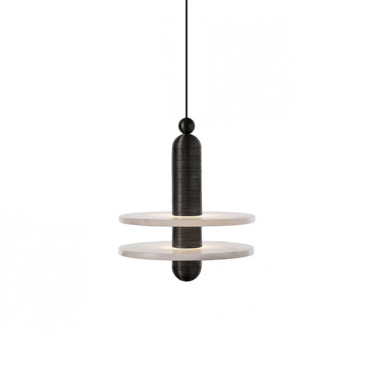 Two-disc Orion pendant in black finish, the pair of alabaster plates glowing softly, studio shot.