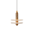 Gold-finish Saturn pendant light with two alabaster discs, full drop shown on a white background