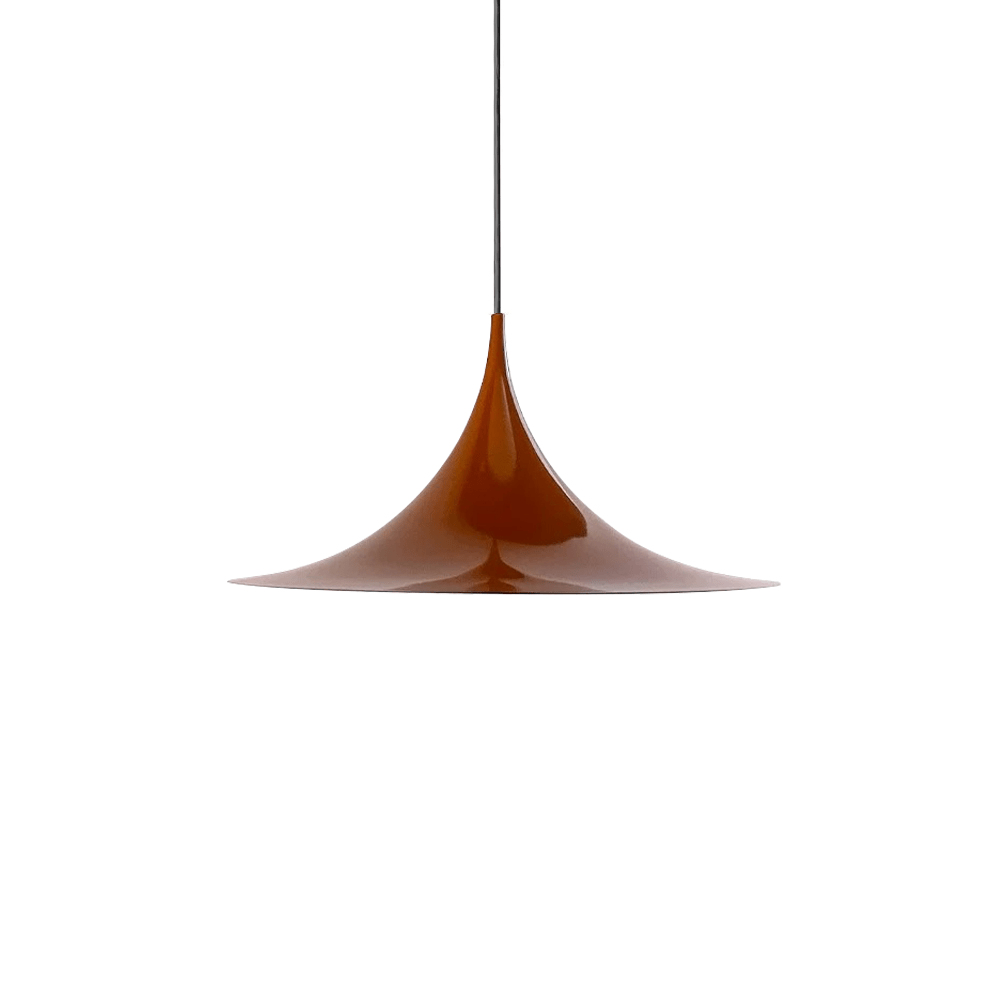Chrome arch pendant light reflecting the surrounding room