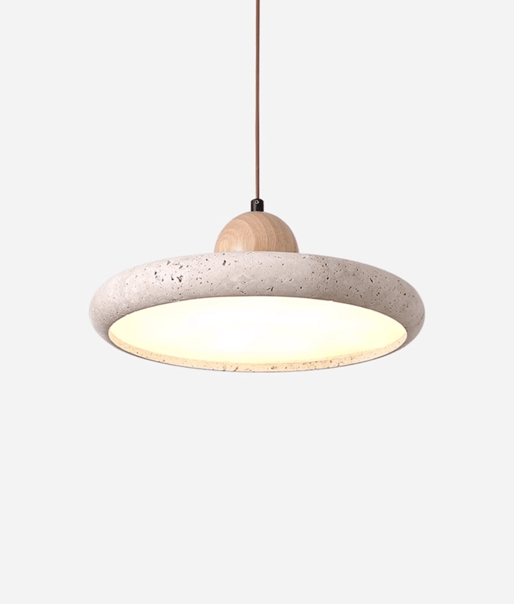 Travertine pendant light with wood frame in a softly lit room