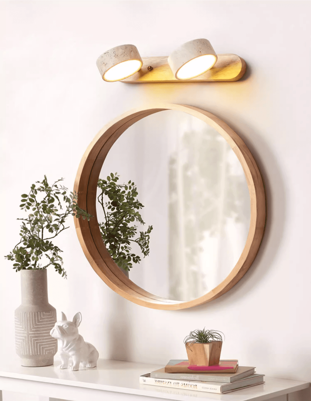 Travertine Duo Wall Light, Natural Stone Shades, Wood Frame, LED 3000K