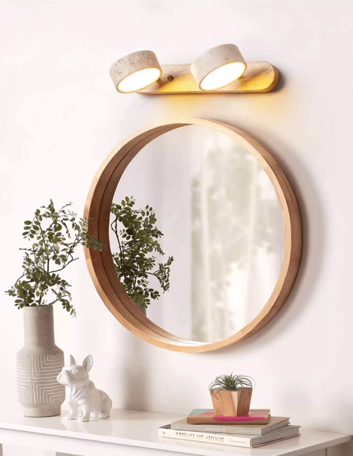 Travertine Duo Wall Light, Natural Stone Shades, Wood Frame, LED 3000K