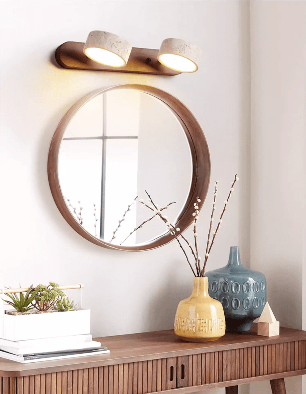 Travertine Duo Wall Light, Natural Stone Shades, Wood Frame, LED 3000K