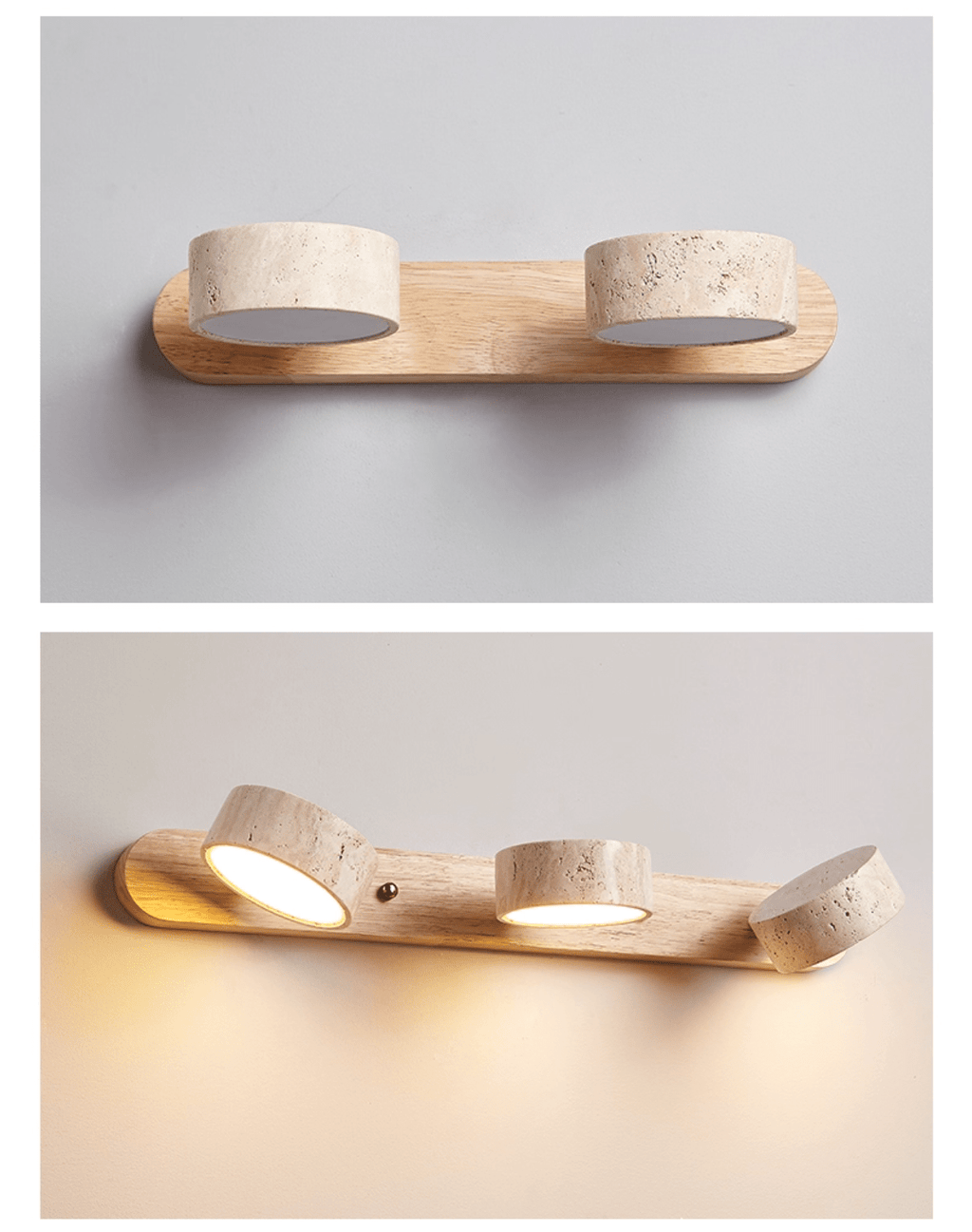 Travertine Duo Wall Light, Natural Stone Shades, Wood Frame, LED 3000K