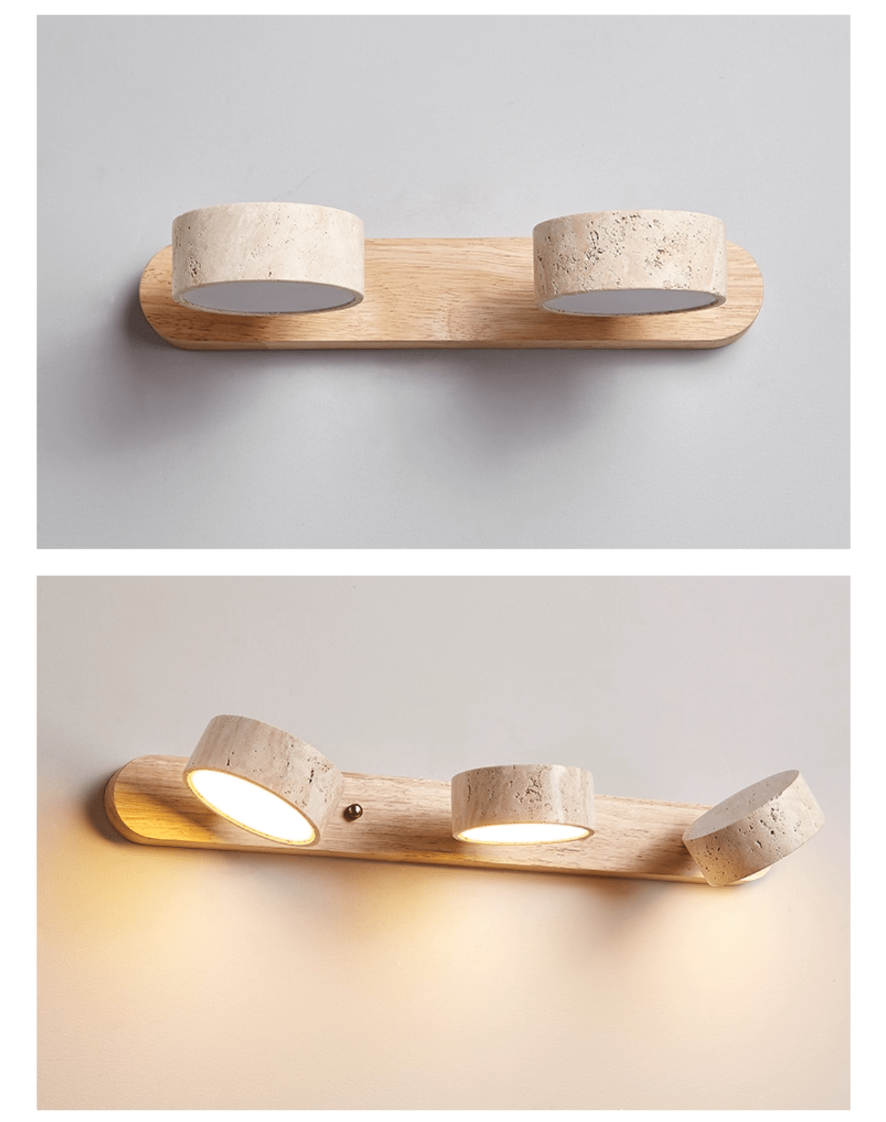 Travertine Duo Wall Light, Natural Stone Shades, Wood Frame, LED 3000K
