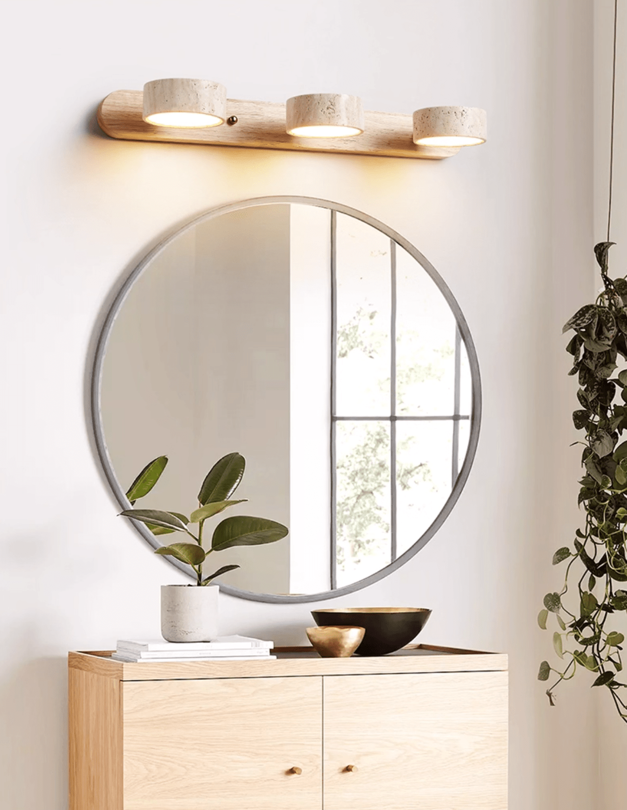 Travertine Duo Wall Light, Natural Stone Shades, Wood Frame, LED 3000K