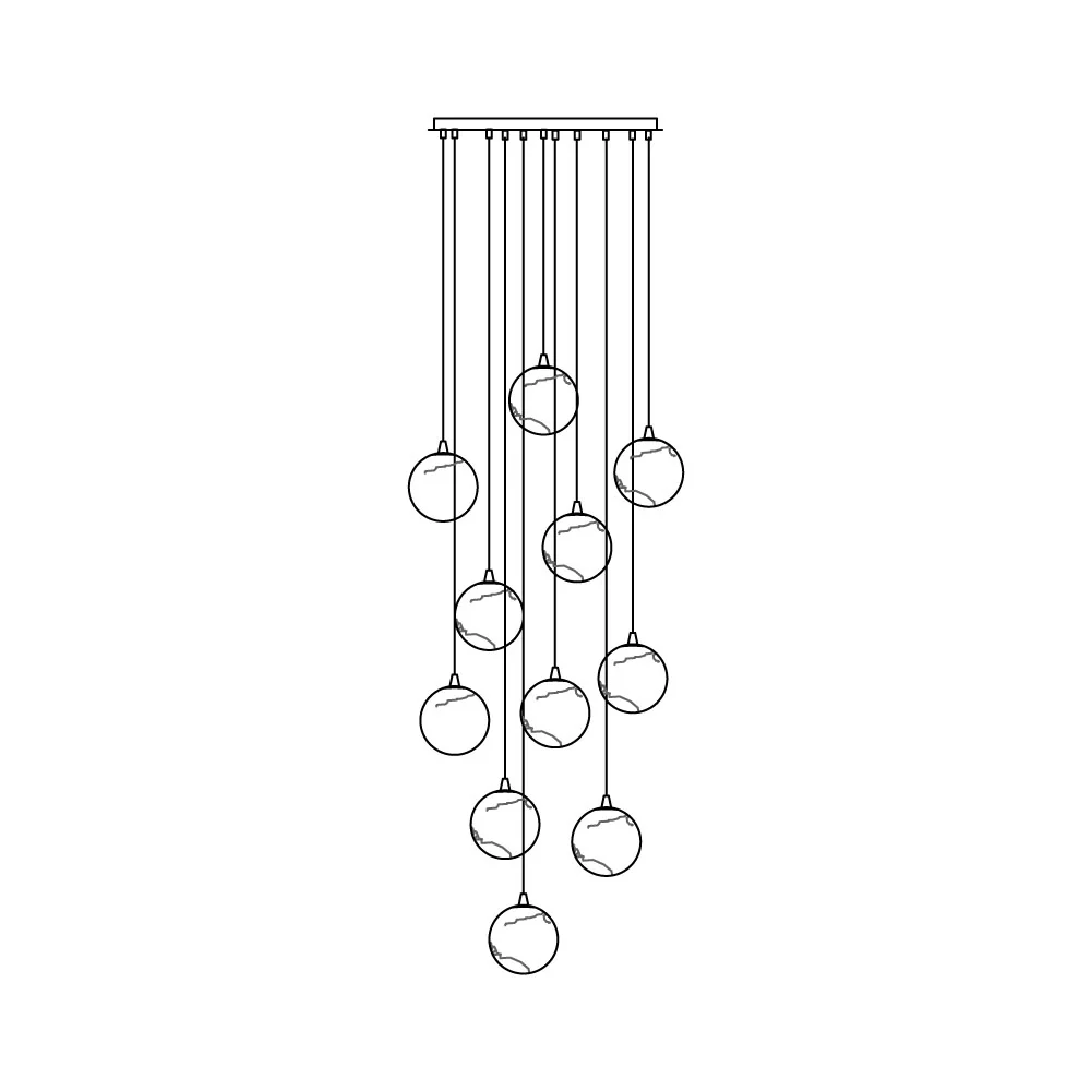 Line drawing of the twelve-light version, globes spread through a deeper and denser cascade.