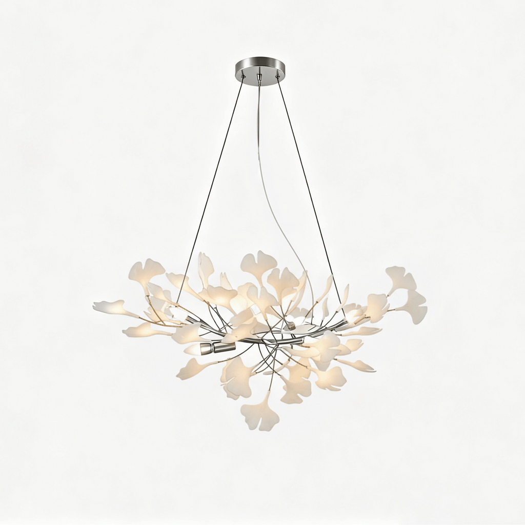 Porcelain gingko chandelier fanned out across a high ceiling