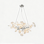 Porcelain gingko chandelier fanned out across a high ceiling