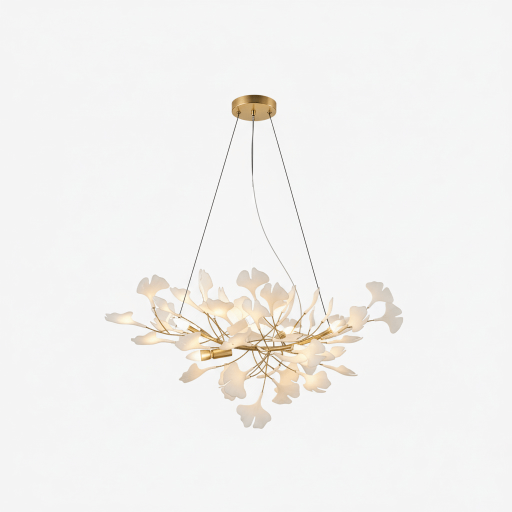 Gingko leaf chandelier suspended in a refined modern interior