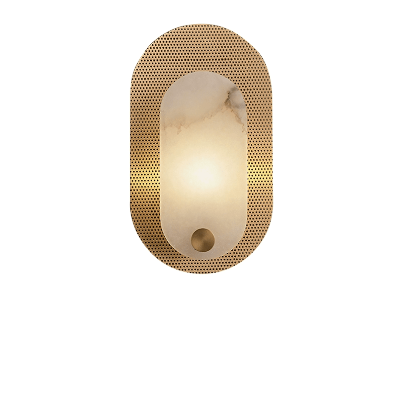 Studio view on white showing the full perforated brass plate around the lit stone panel.