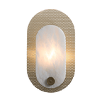 Close-up on white of the alabaster insert and the small brass knob below it.