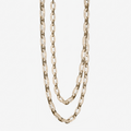 Alabaster chain-link chandelier unlit, its stone links looped in two swags on a plain backdrop