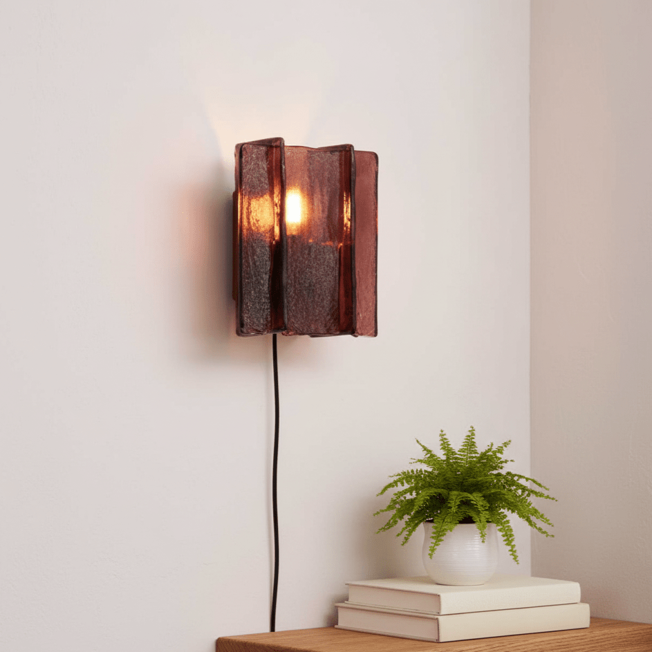 Brass wall light projecting warm red patterns onto a wall