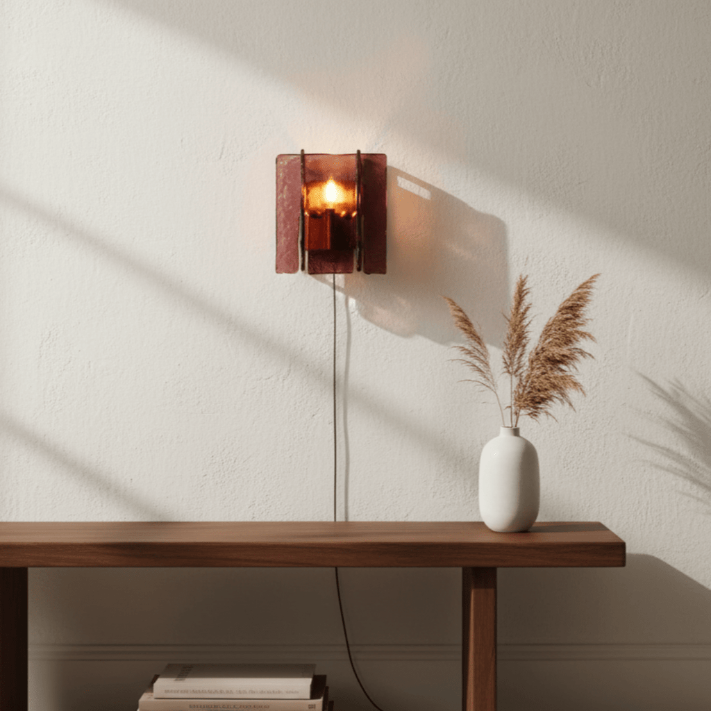 Wine-red glass wall sconce glowing in a dim room