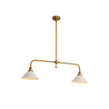 This brass-finish Clérachic pendant sits unlit on white, its two white conical shades hanging level.