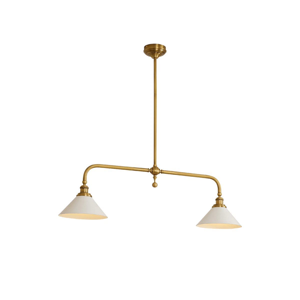 This brass-finish Clérachic pendant sits unlit on white, its two white conical shades hanging level.