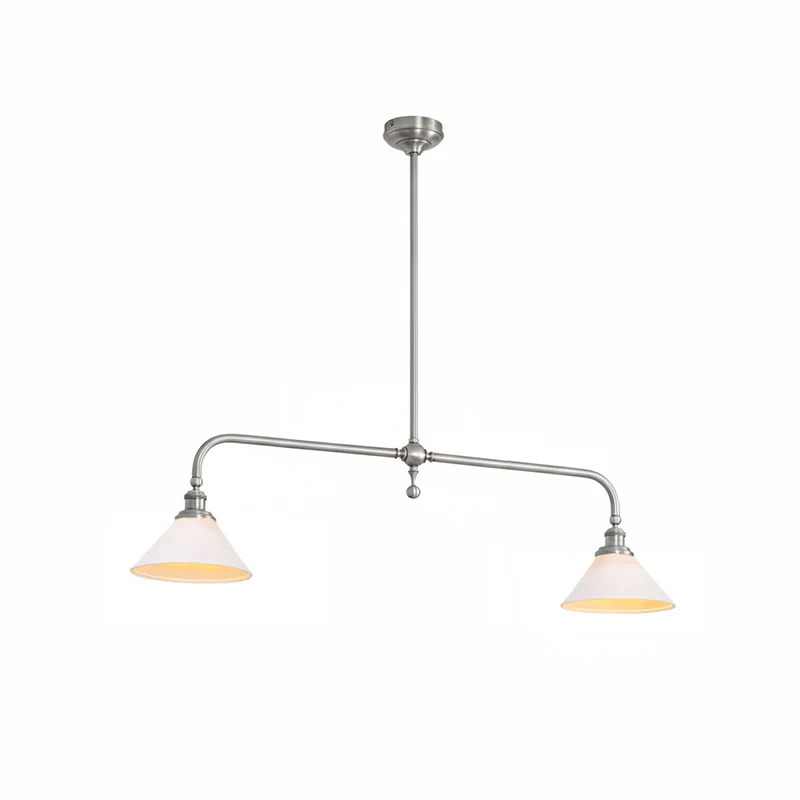 This Clérachic pendant, in a nickel finish, sits unlit on a plain white background, its stem centred above two shades.