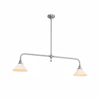 A nickel finish marks this Clérachic pendant, sitting unlit on white with its two conical shades hanging level.