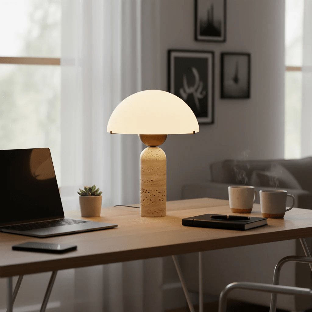 Beside a laptop, a succulent and two mugs, a Clérachic dome table lamp with a travertine base lights the home desk.