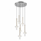Six Clérachic pendants in clear glass cascade at staggered heights from a round nickel canopy, glowing warm against a white backdrop.