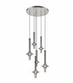 Six Clérachic pendants in smoky grey glass cascade at staggered heights from a round canopy, lit against a white backdrop.