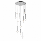 A tall cascade of clear-glass Clérachic pendants drops through several tiers from a round canopy, lit against a plain white backdrop.