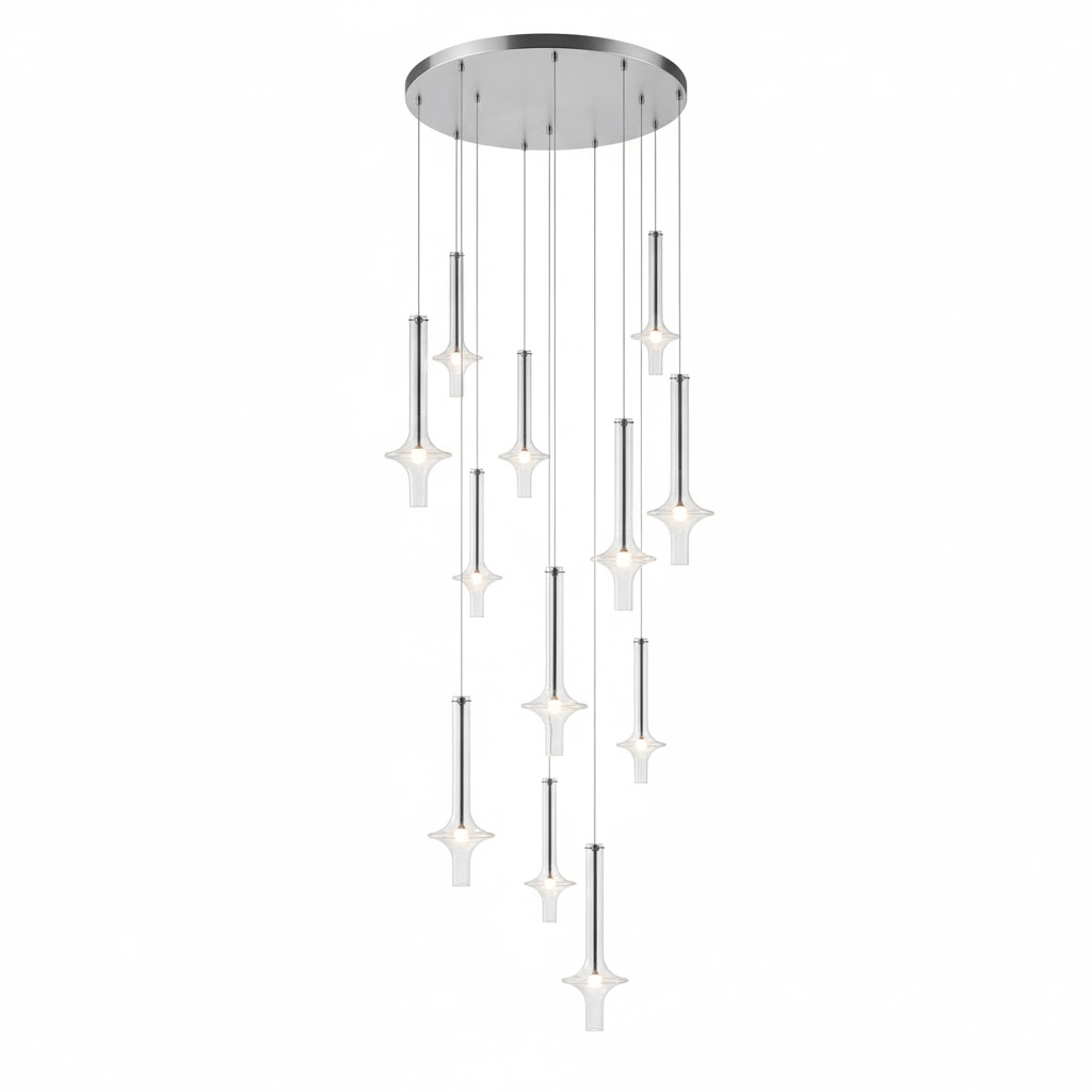A tall cascade of clear-glass Clérachic pendants drops through several tiers from a round canopy, lit against a plain white backdrop.