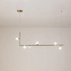Linear glass globe pendant light on a right-angle steel frame