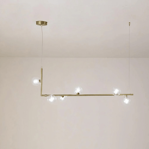 Linear glass globe pendant light on a right-angle steel frame