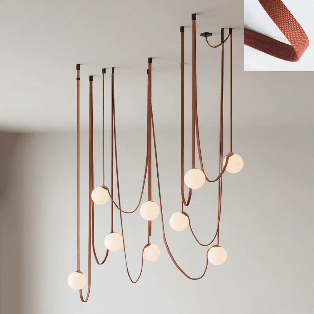 Iron frame and woven canvas straps of the Multiple Belt Art Pendant Light