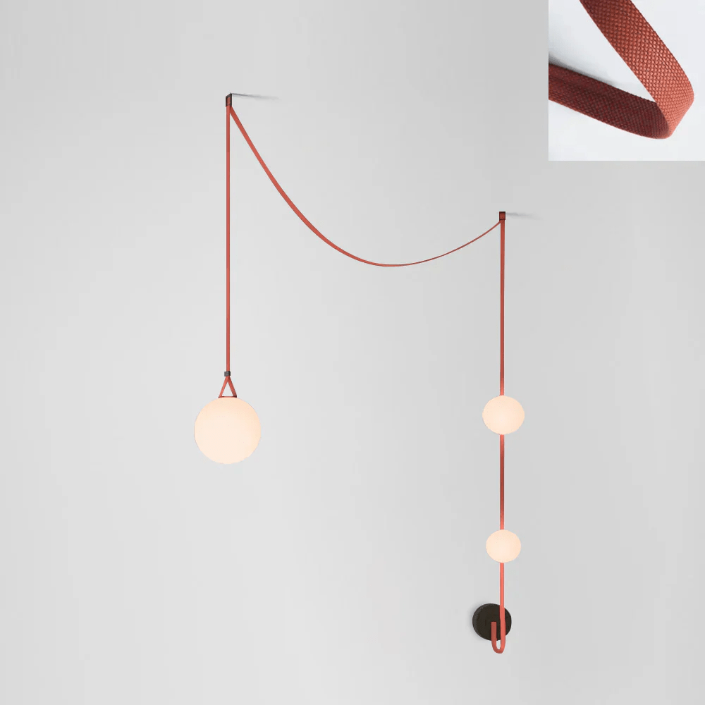 Multiple Belt Art Pendant Light suspended belts and globes from below