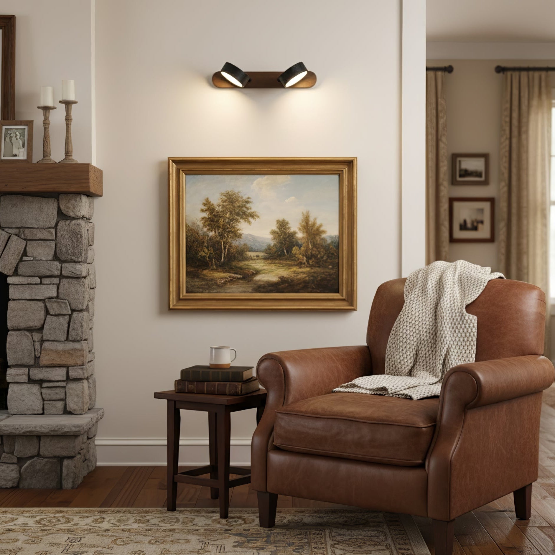 Black stone wall light with walnut body in a living room