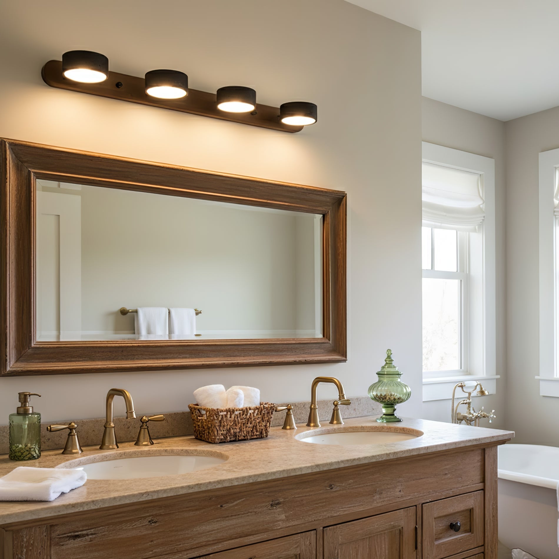 Walnut framed travertine wall light in a styled bedroom