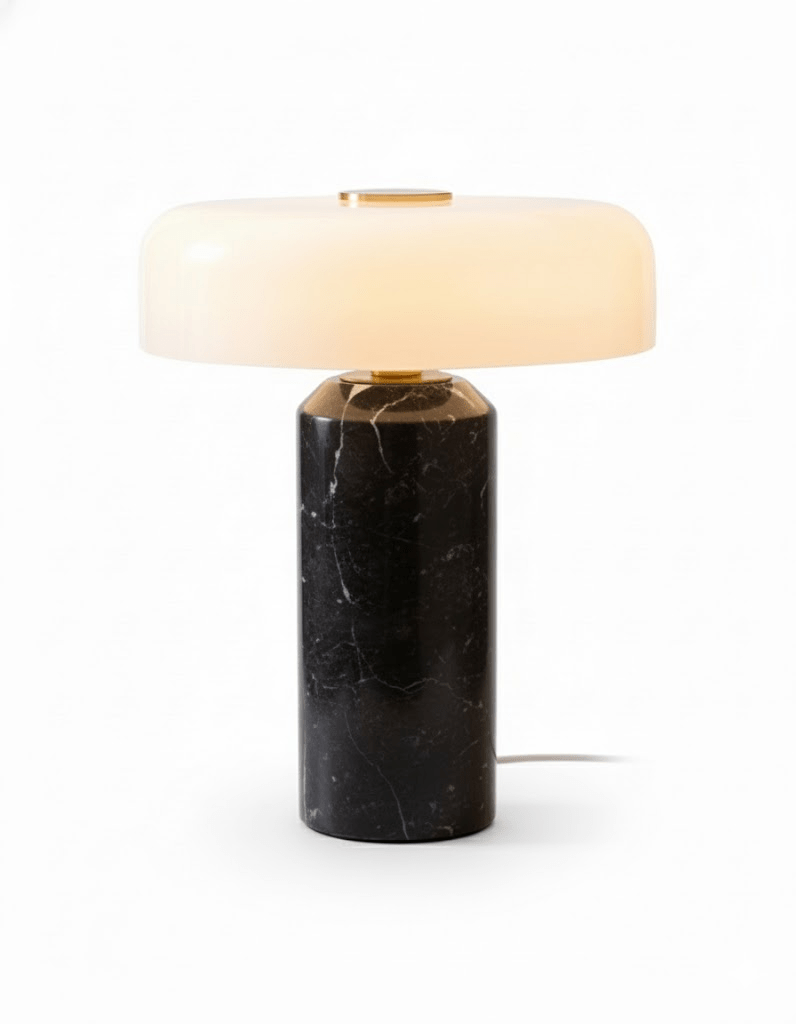 Cordless marble table lamp with a round opaline glass shade