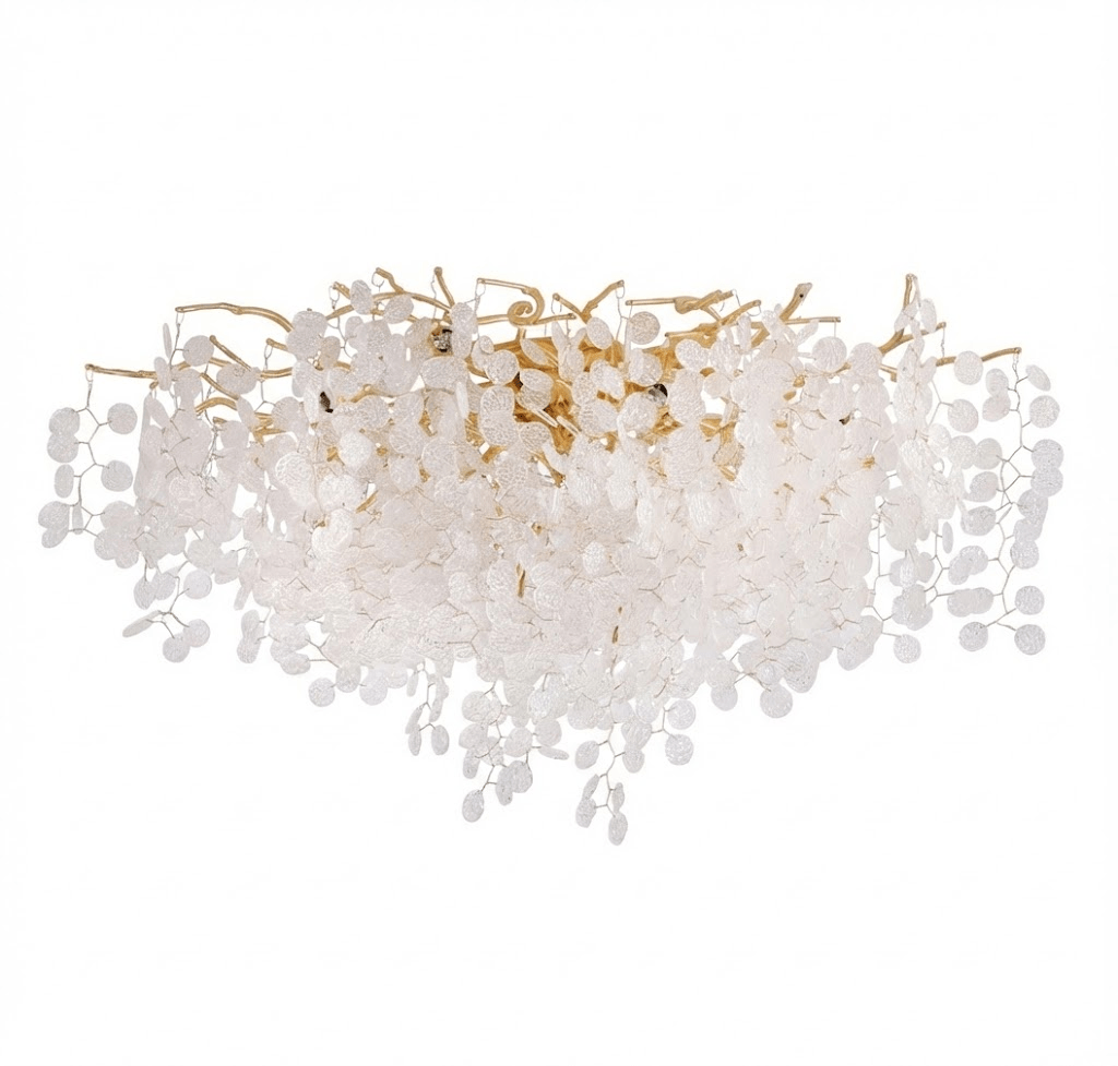Unlit on a white background, this Clérachic ceiling light shows its full spread of gold branches and frosted glass discs from the front.