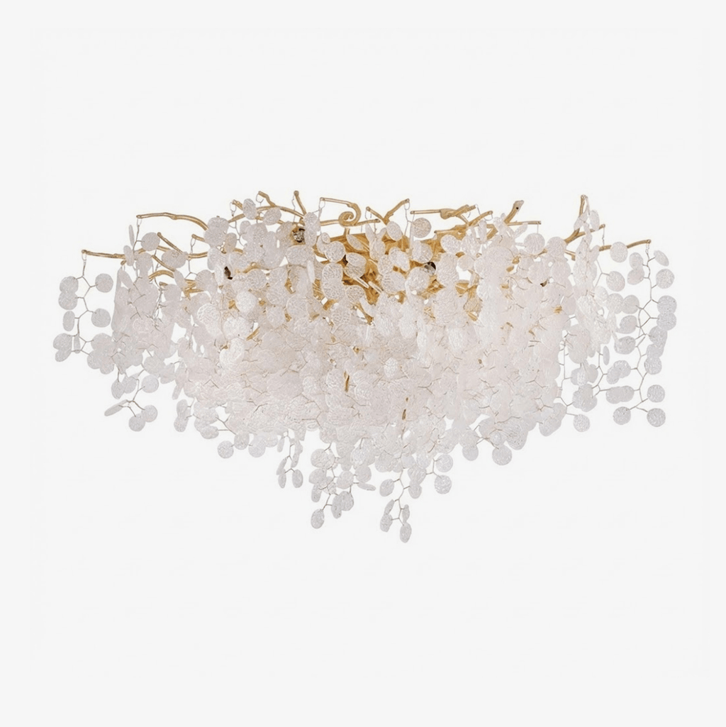 On a plain white background, this Clérachic ceiling light spreads its gold branches wide beneath a dense cluster of frosted glass discs.