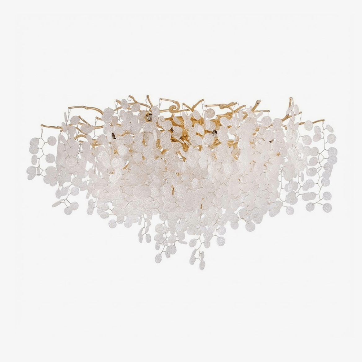 On a plain white background, this Clérachic ceiling light spreads its gold branches wide beneath a dense cluster of frosted glass discs.