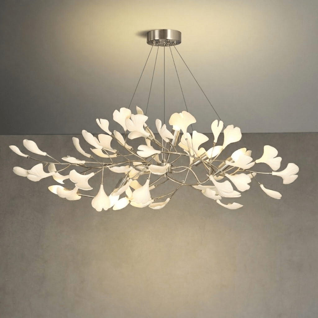 Brass branch chandelier with porcelain leaves from below
