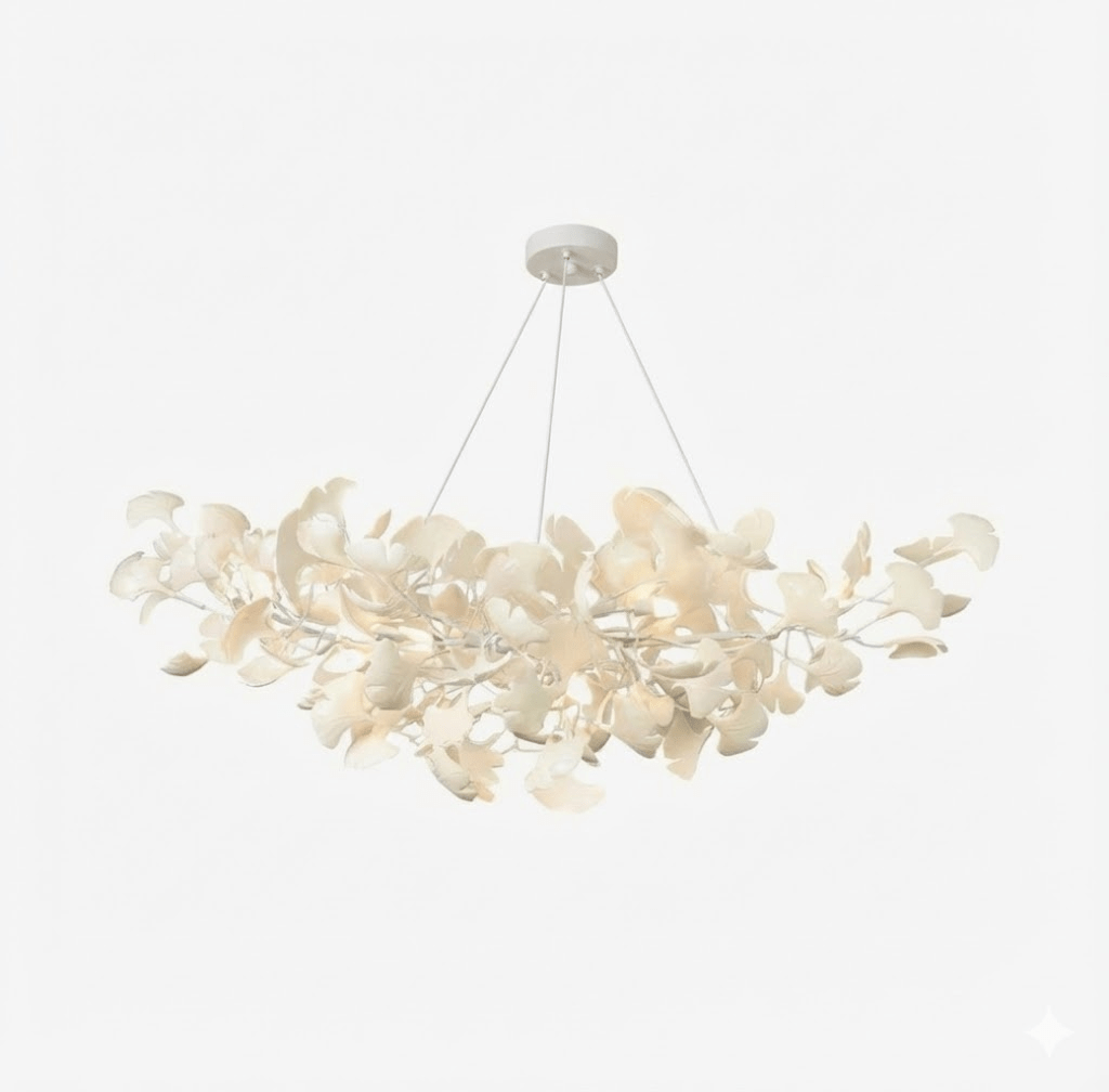 Gingko leaf chandelier shown lit against a dark backdrop