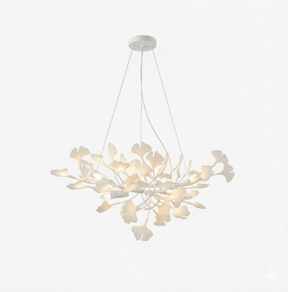 Gingko leaf chandelier shown spread wide above a staircase