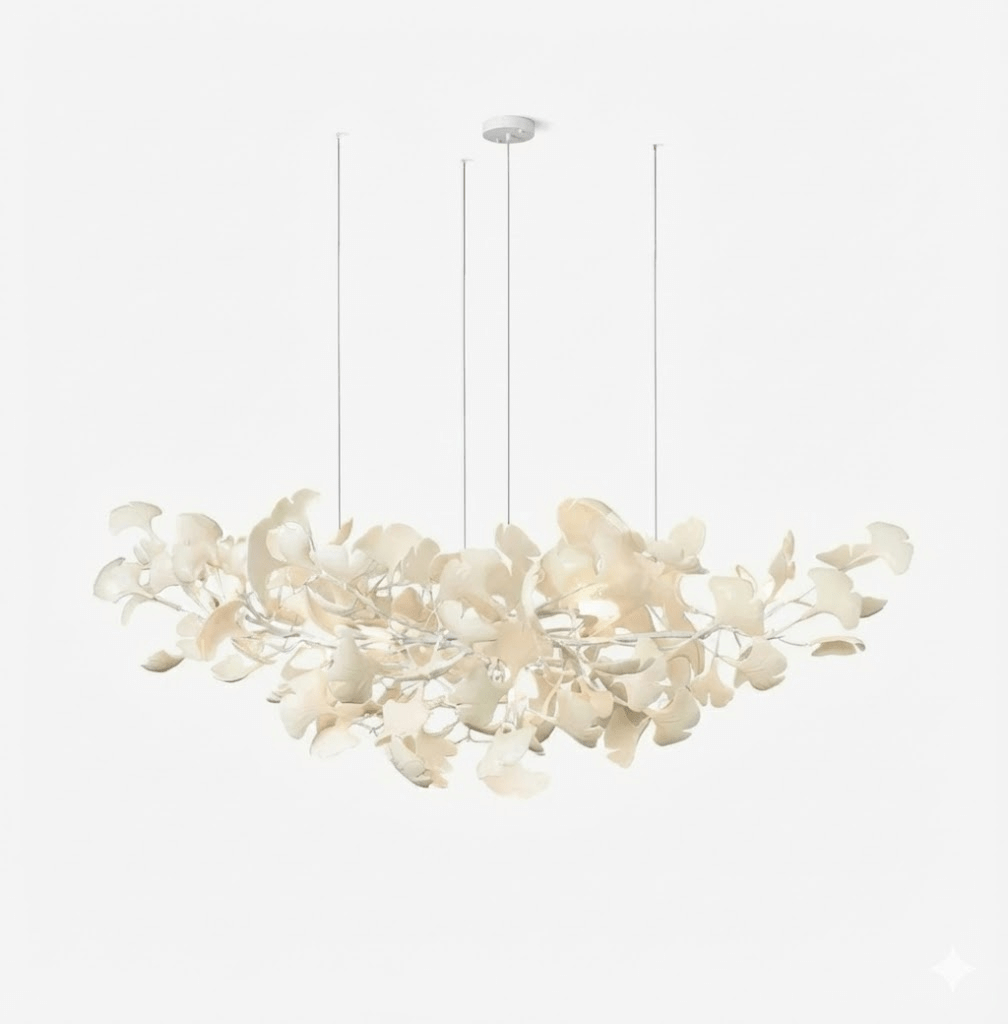Gingko chandelier detail of porcelain leaves catching the light