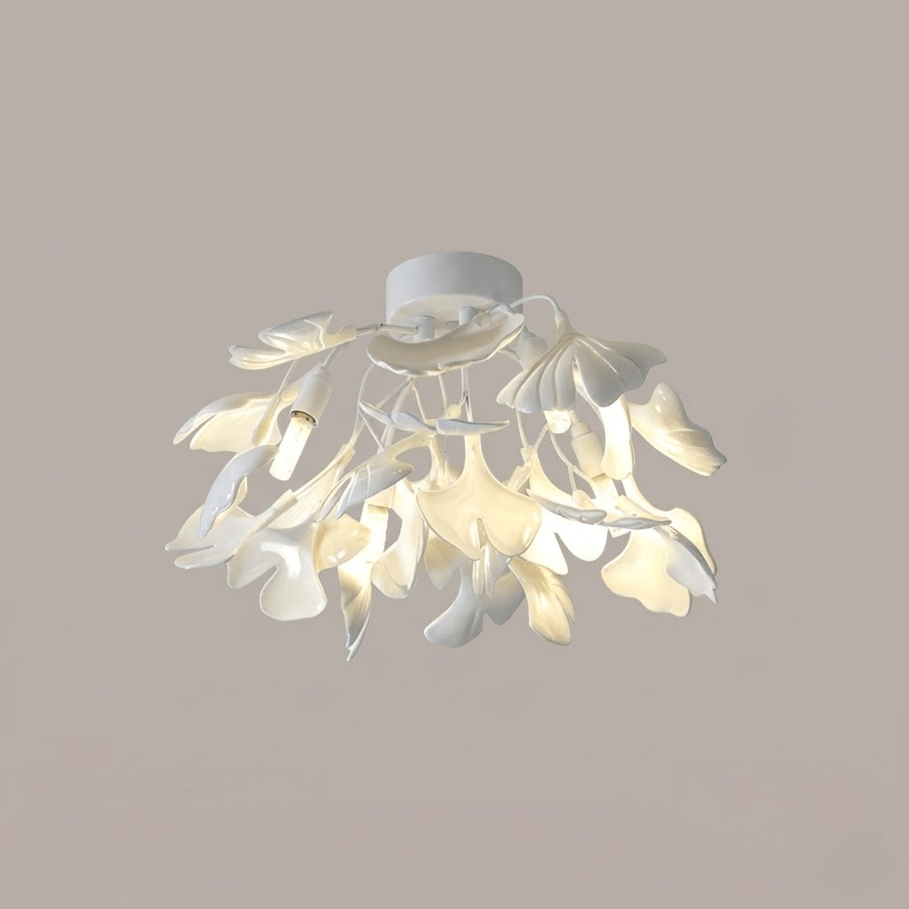 Gold ginkgo ceiling light seen from below against ceiling