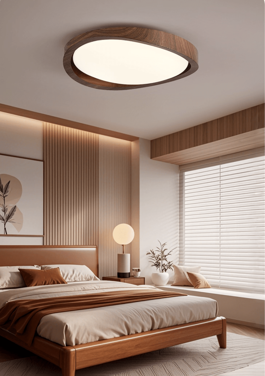 Walnut curved edge ceiling light shown on a white background