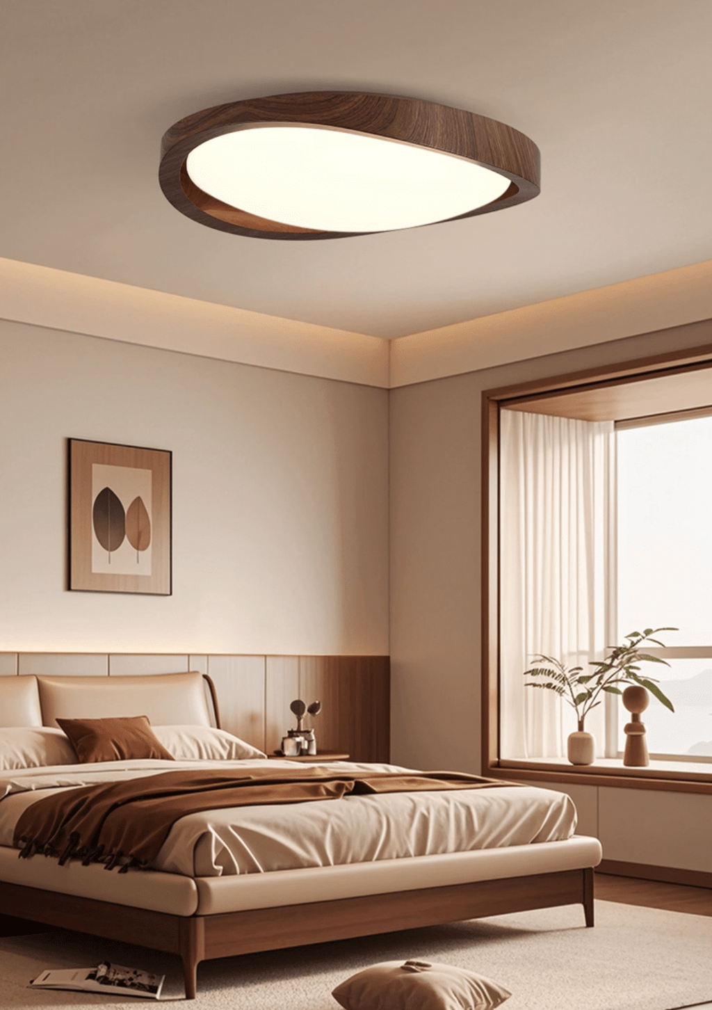 Walnut ceiling light edge profile detail on white background