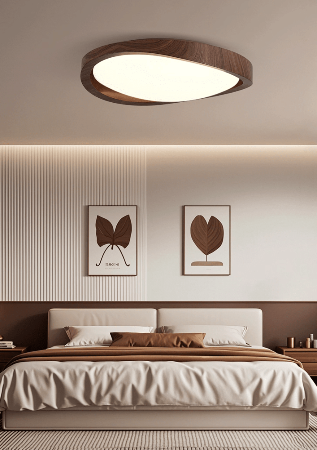Curved edge wooden ceiling light shown isolated on white