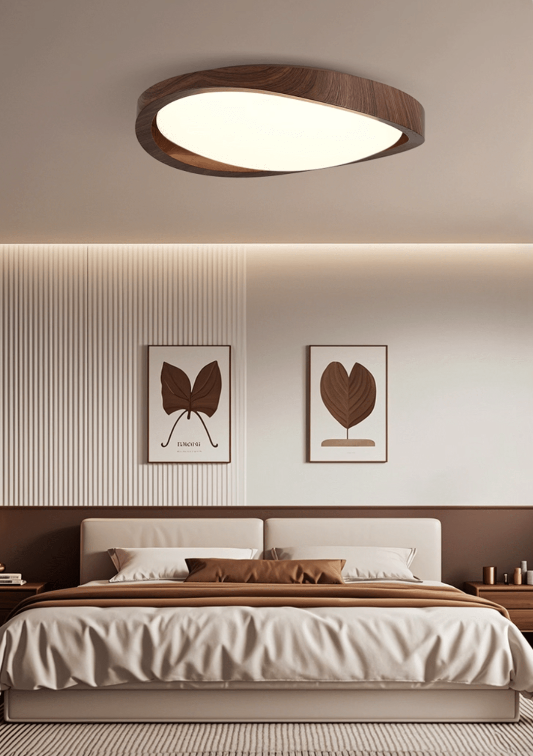 Curved edge wooden ceiling light shown isolated on white